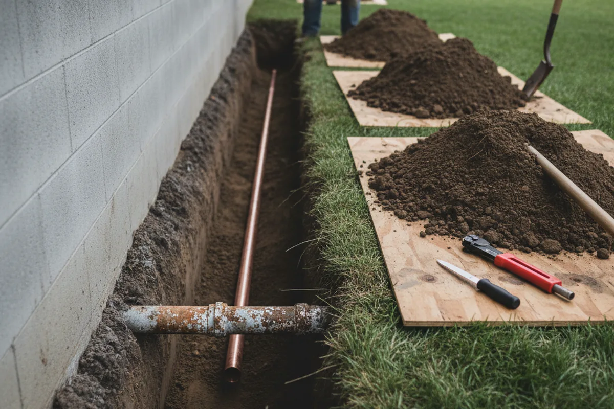 Excavated water line trench during Sewer Line Repair in Harborcreek